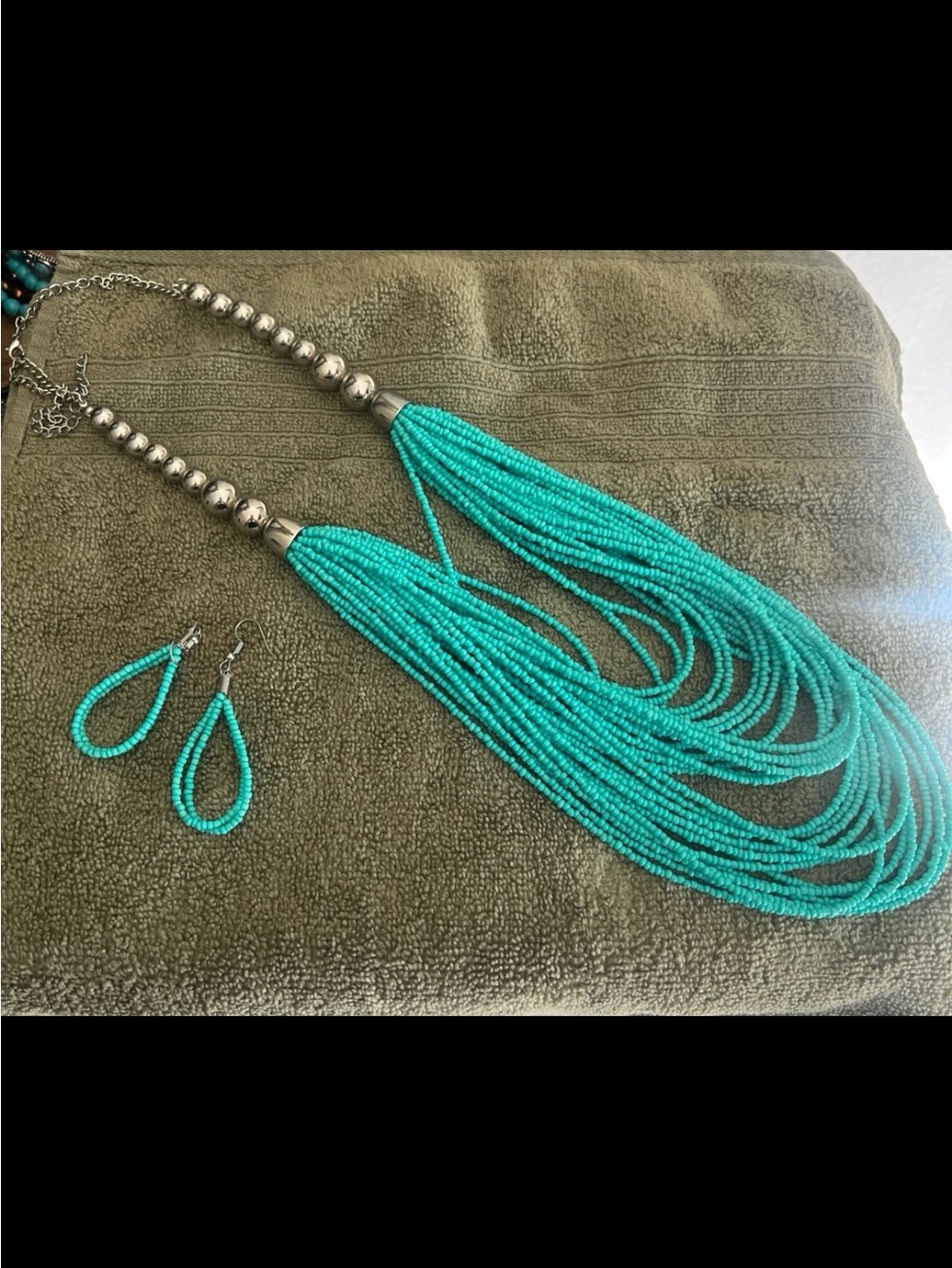 Turquoise Multi-Strand Beaded Tassel Necklace with Matching Earrings